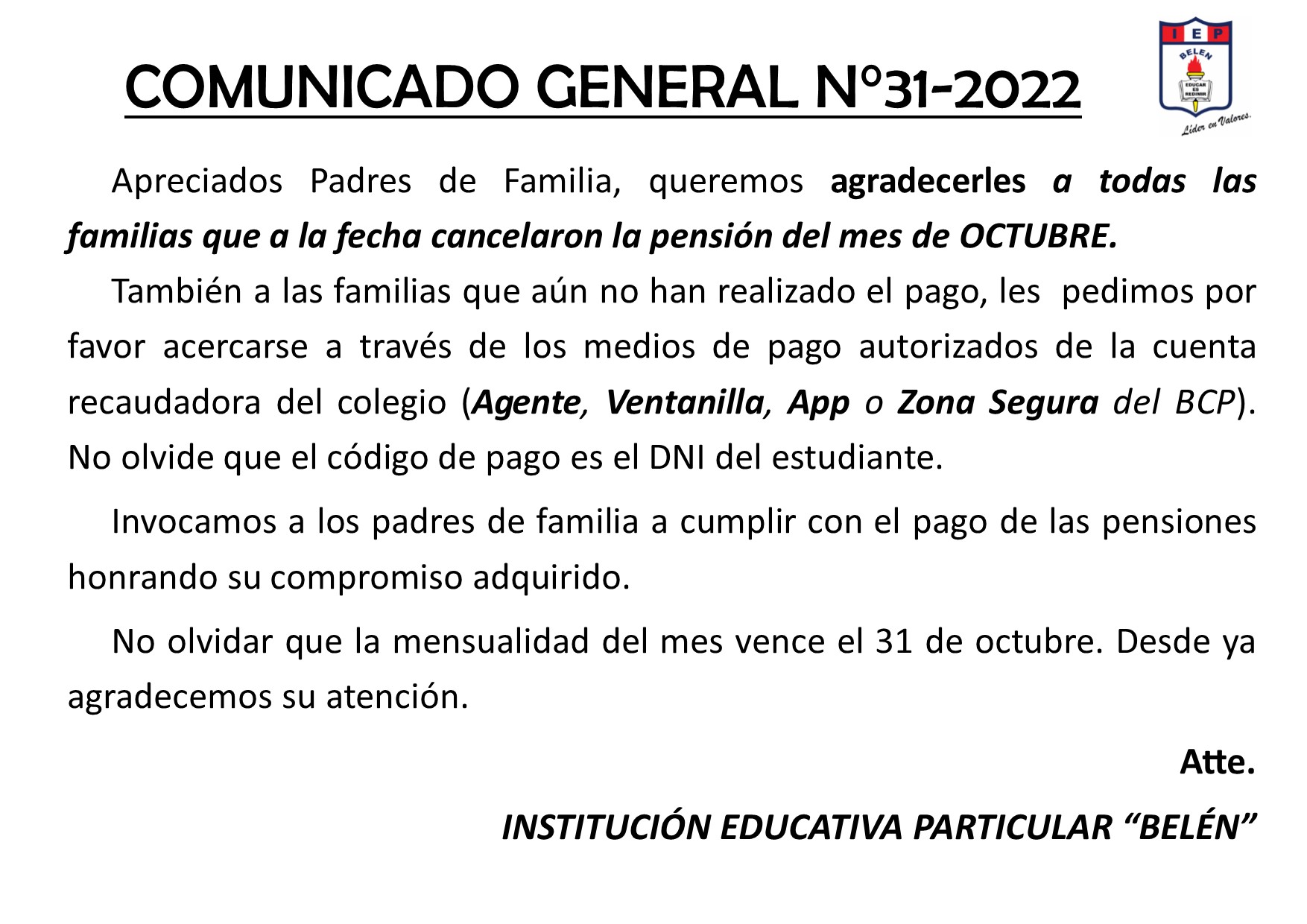 Comunicado General N° 31-2022
