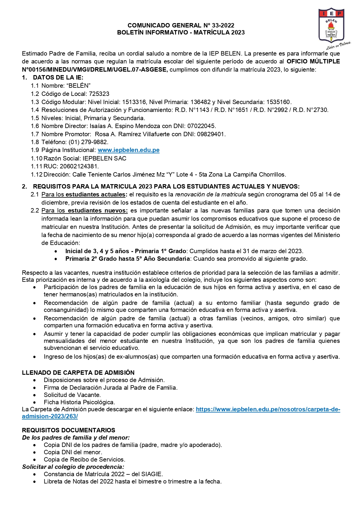 Comunicado General N° 33-2022