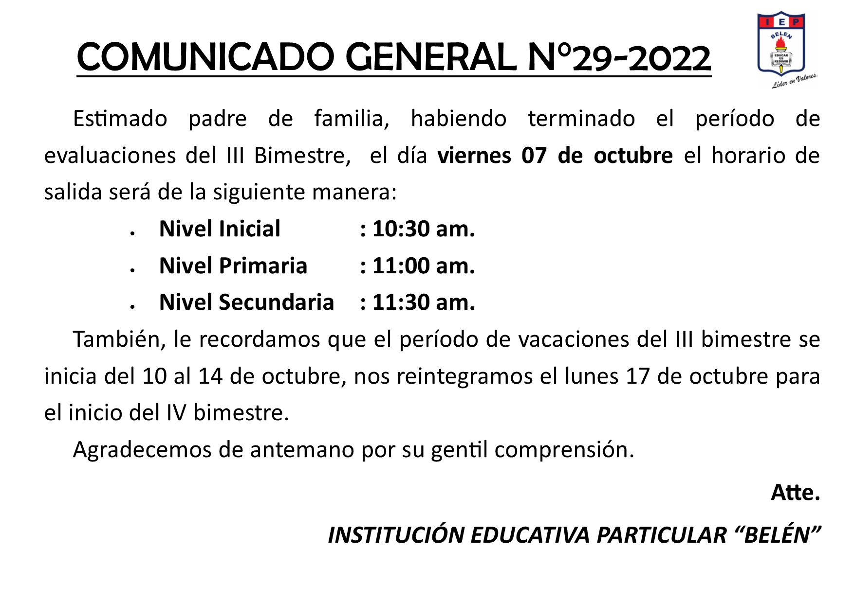 Comunicado General N° 29-2022
