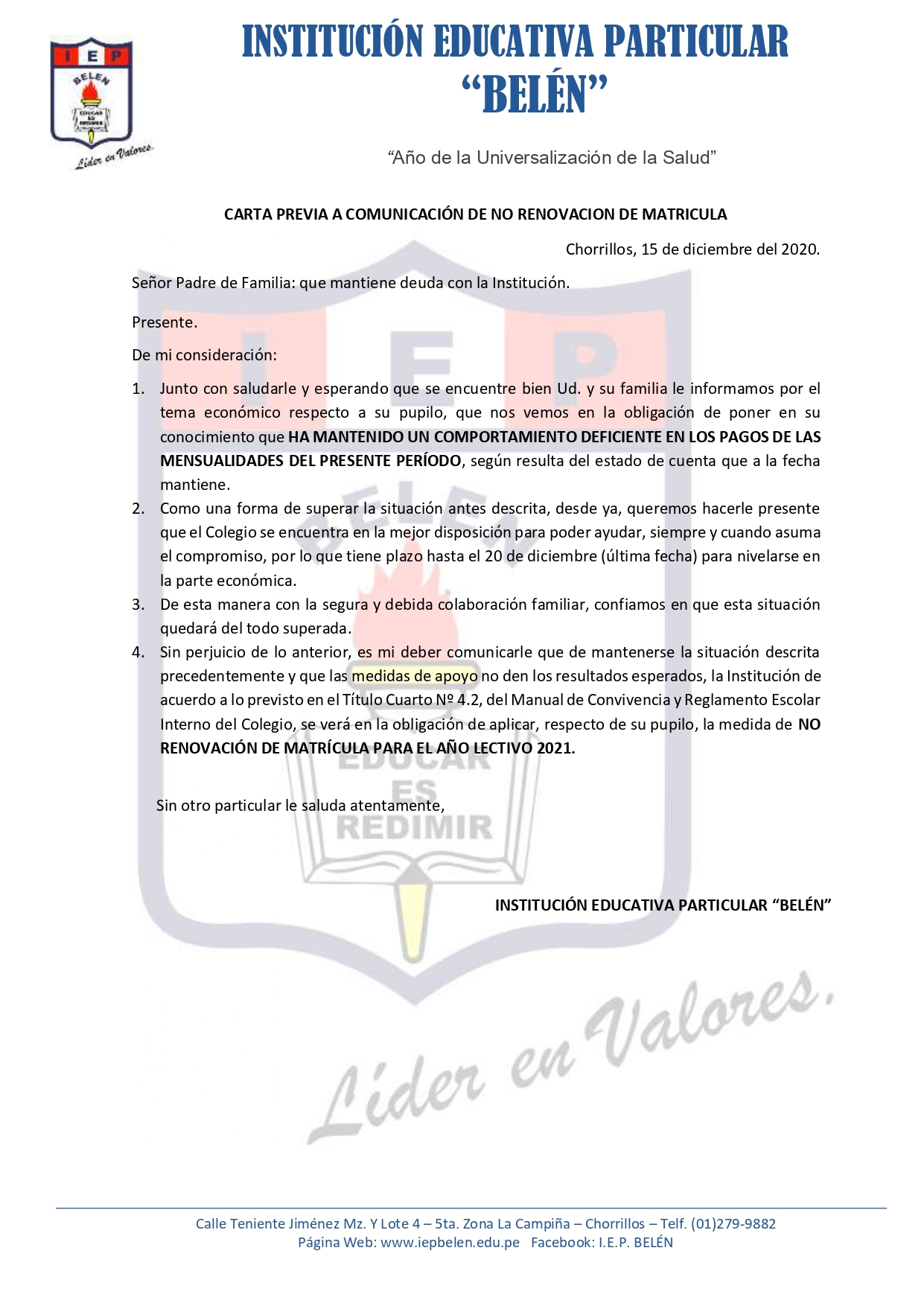 CARTA PREVIA A COMUNICACIÓN DE NO RENOVACION DE MATRICULA