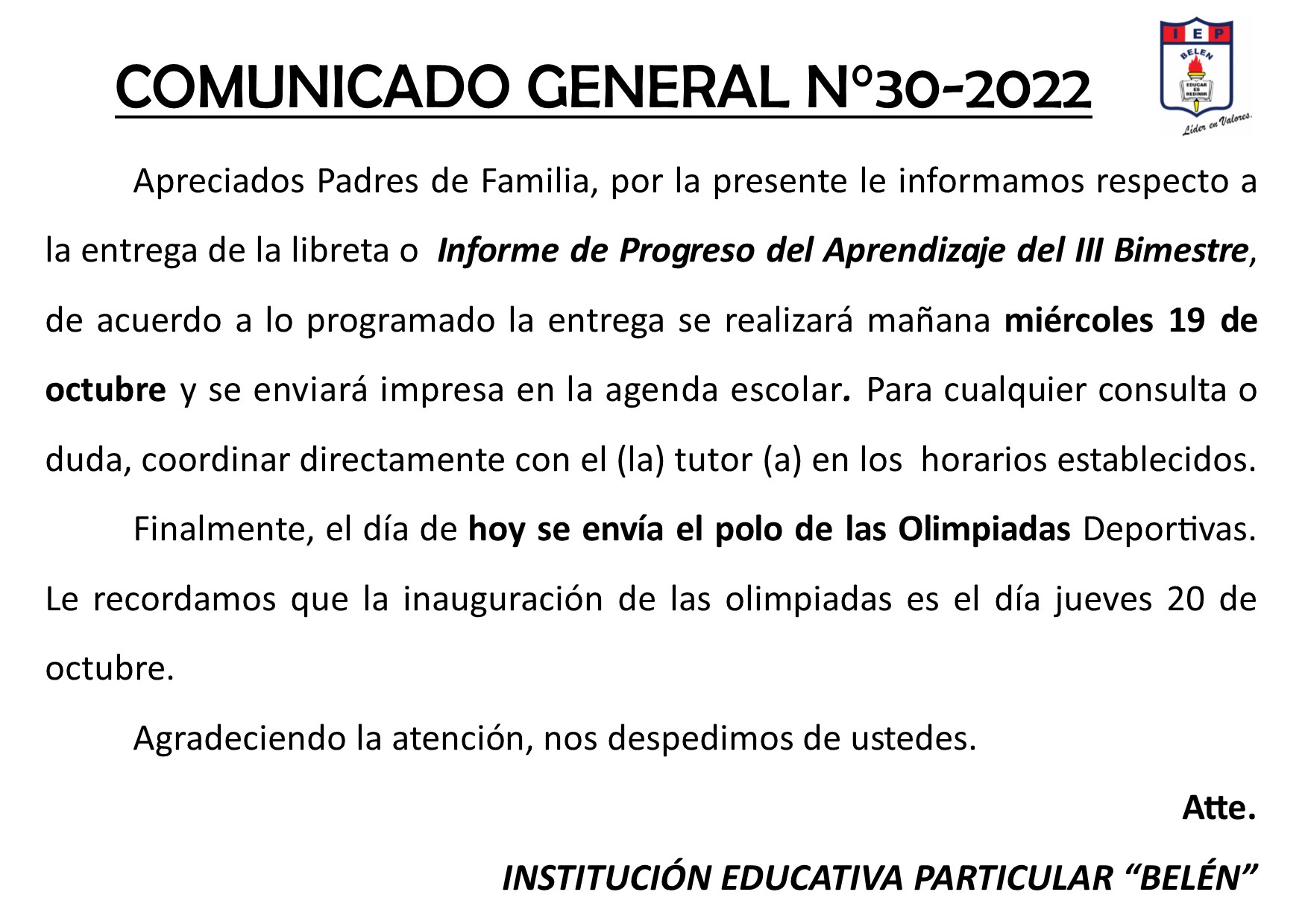 Comunicado General N° 30-2022