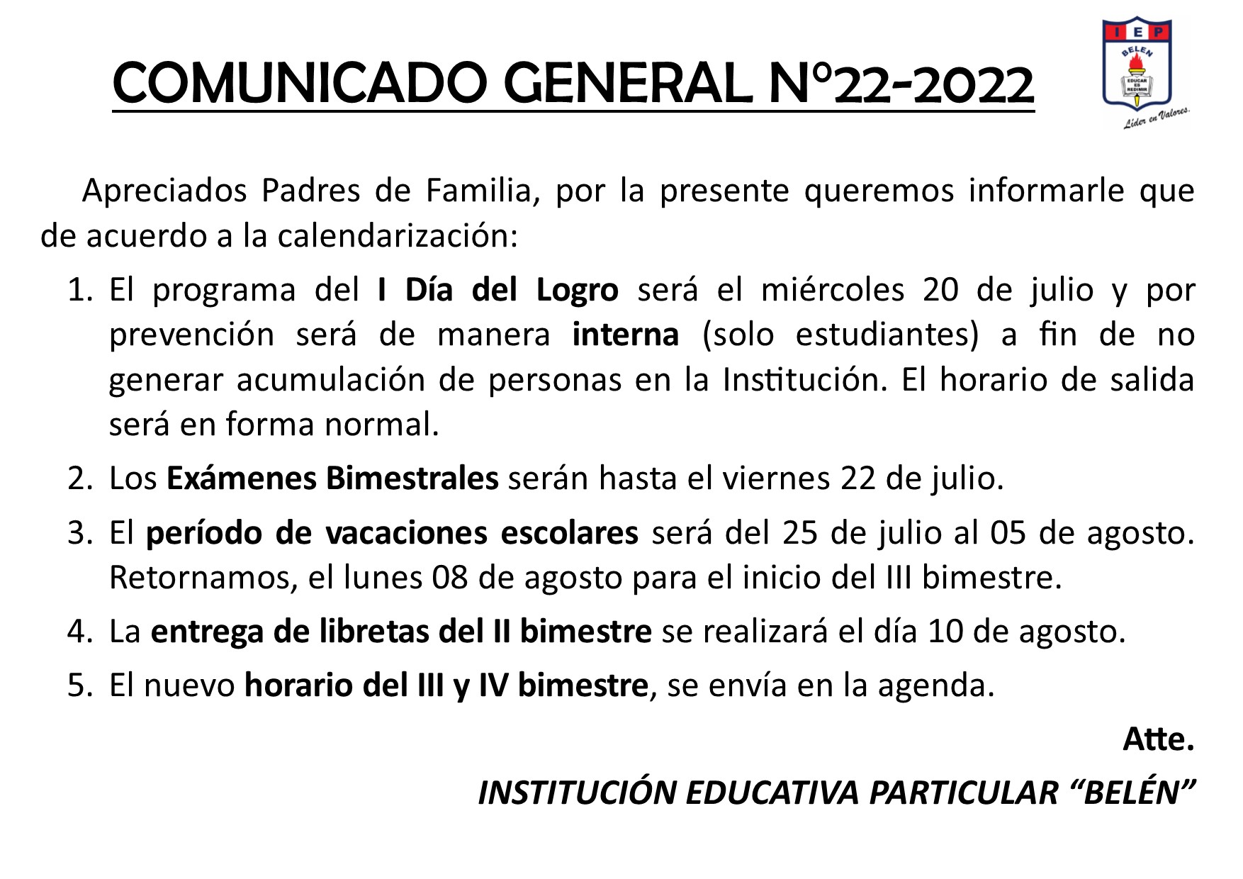 Comunicado General N° 22-2022