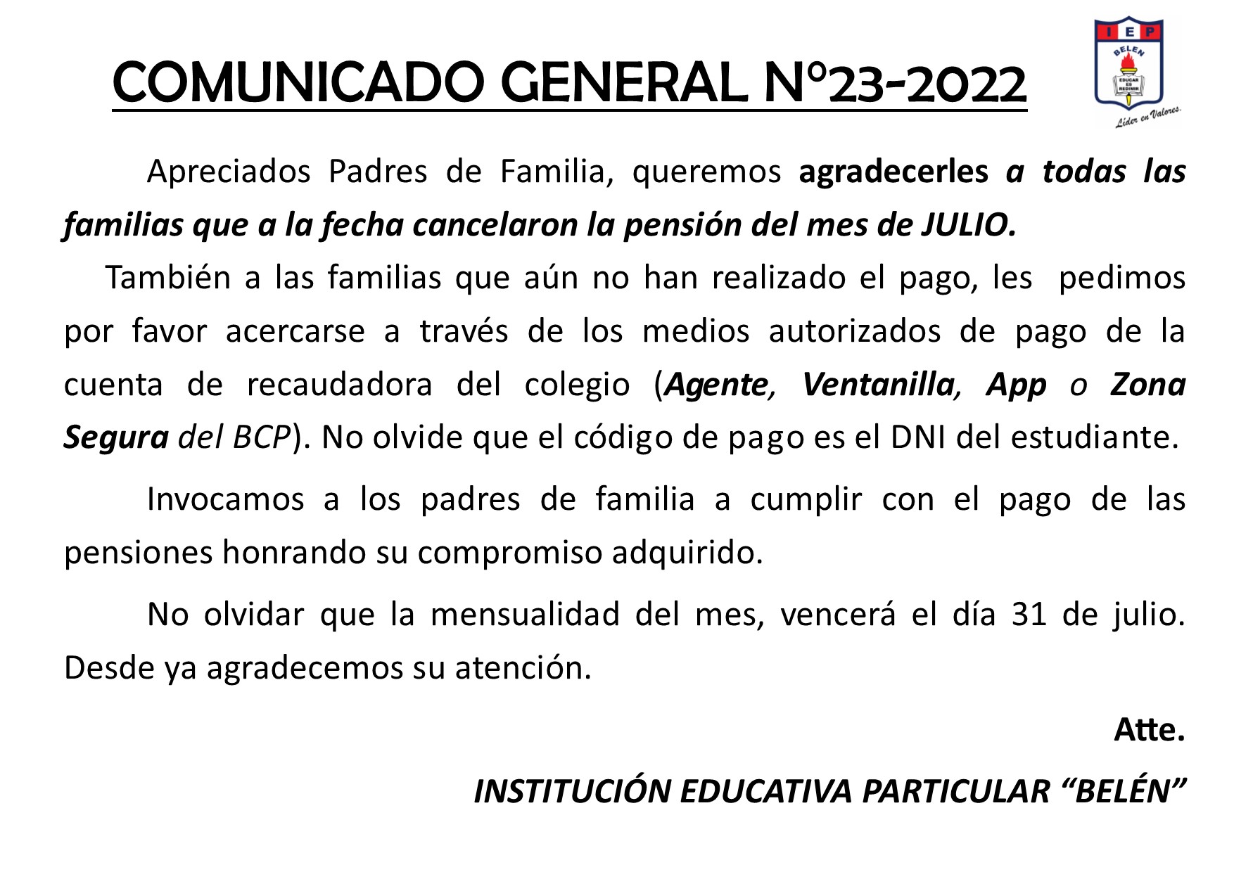 Comunicado General N° 23-2022