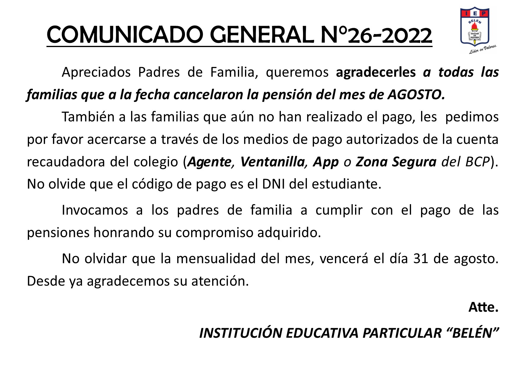 Comunicado General N° 26-2022