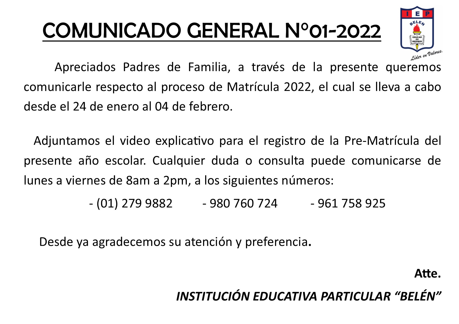 Comunicado General N° 01-2022