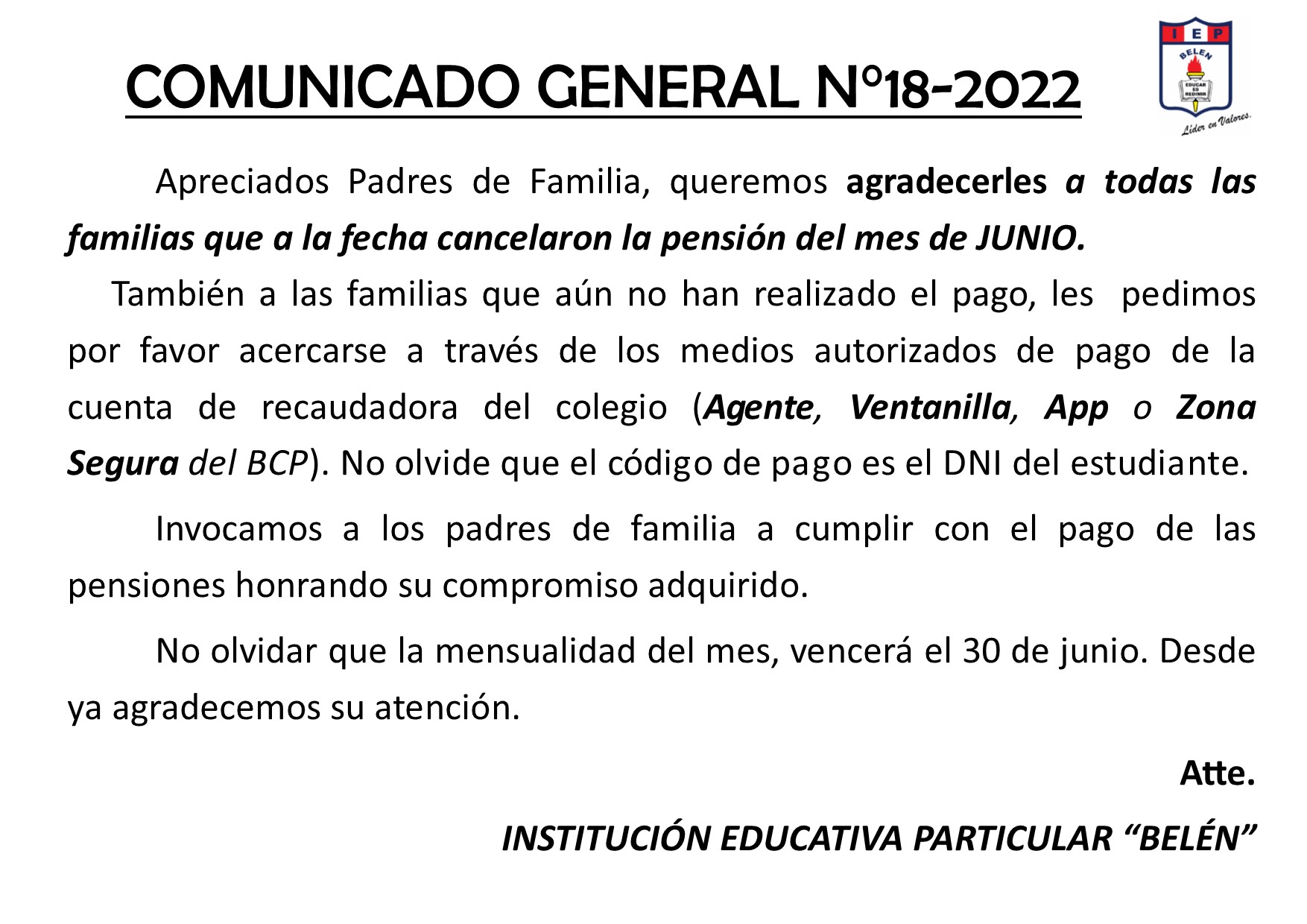 Comunicado General N° 18-2022