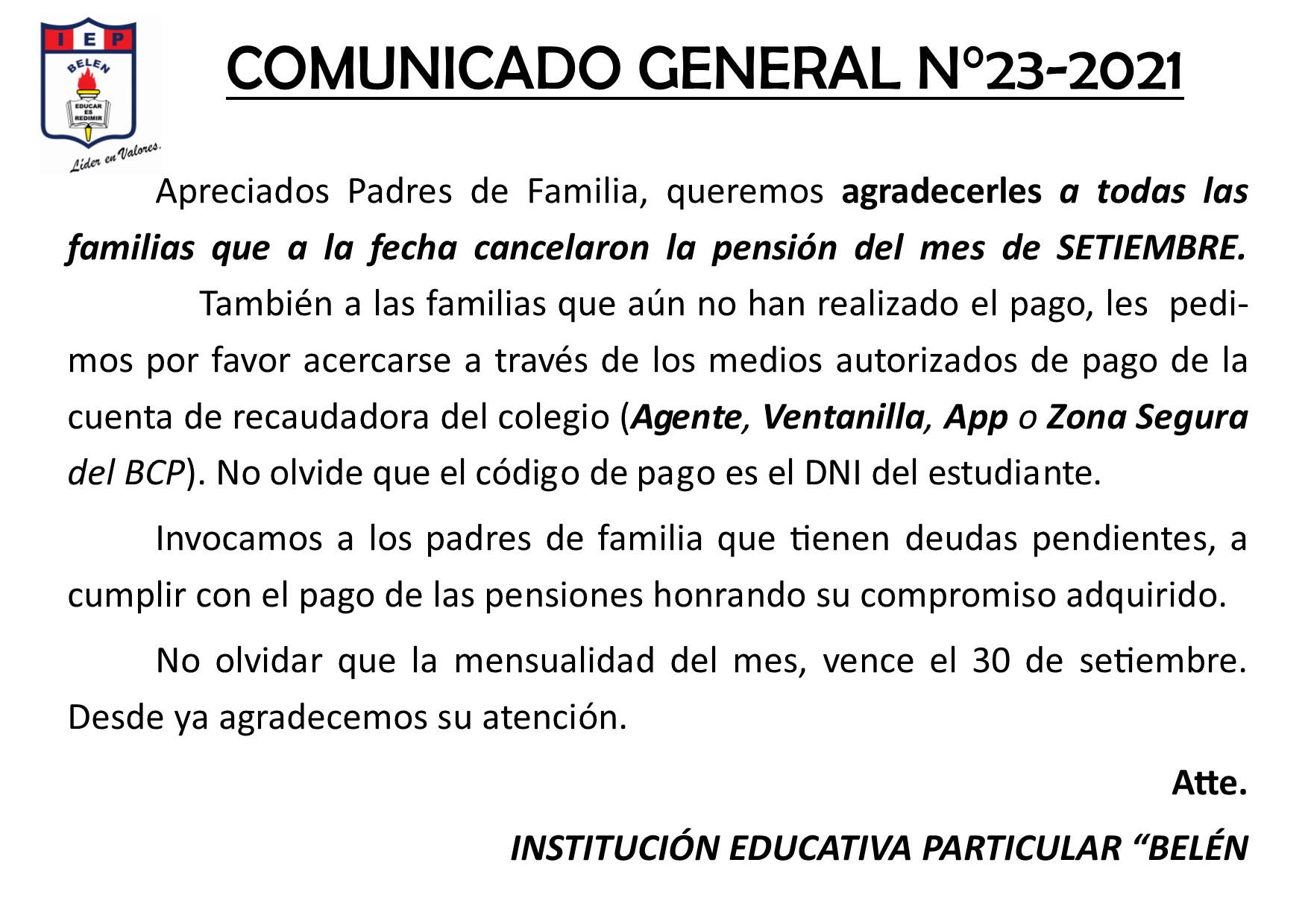 Comunicado General N° 23-2021
