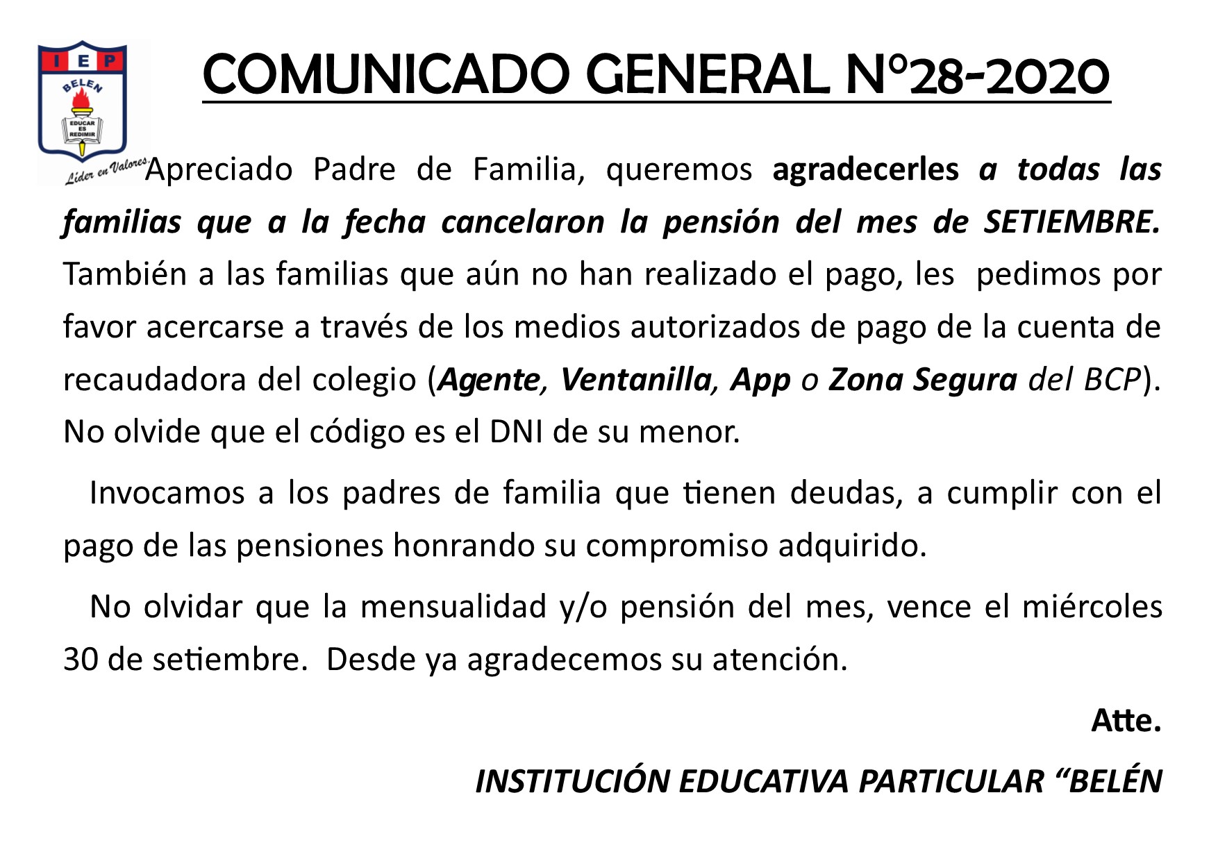 Comunicado General N° 28-2020