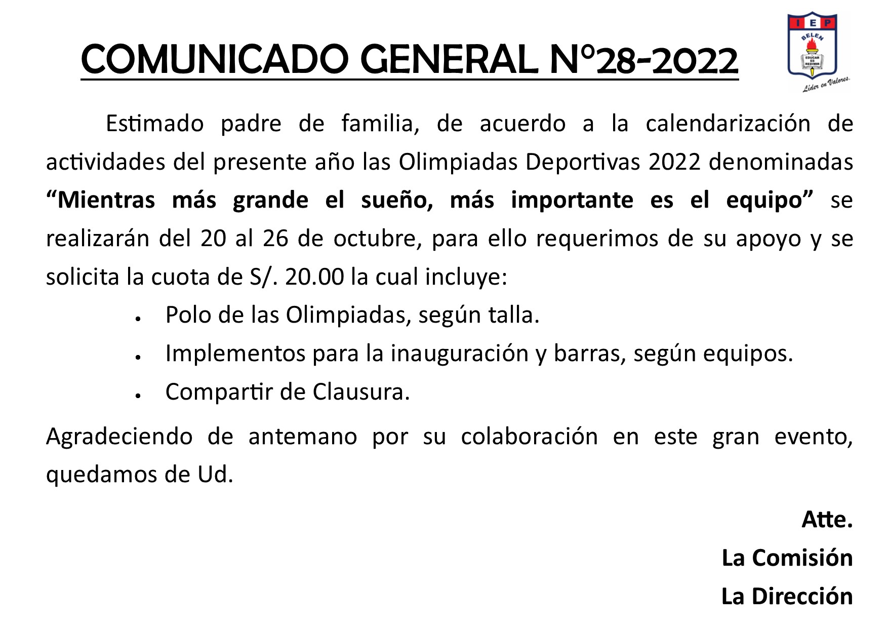 Comunicado General N° 28-2022