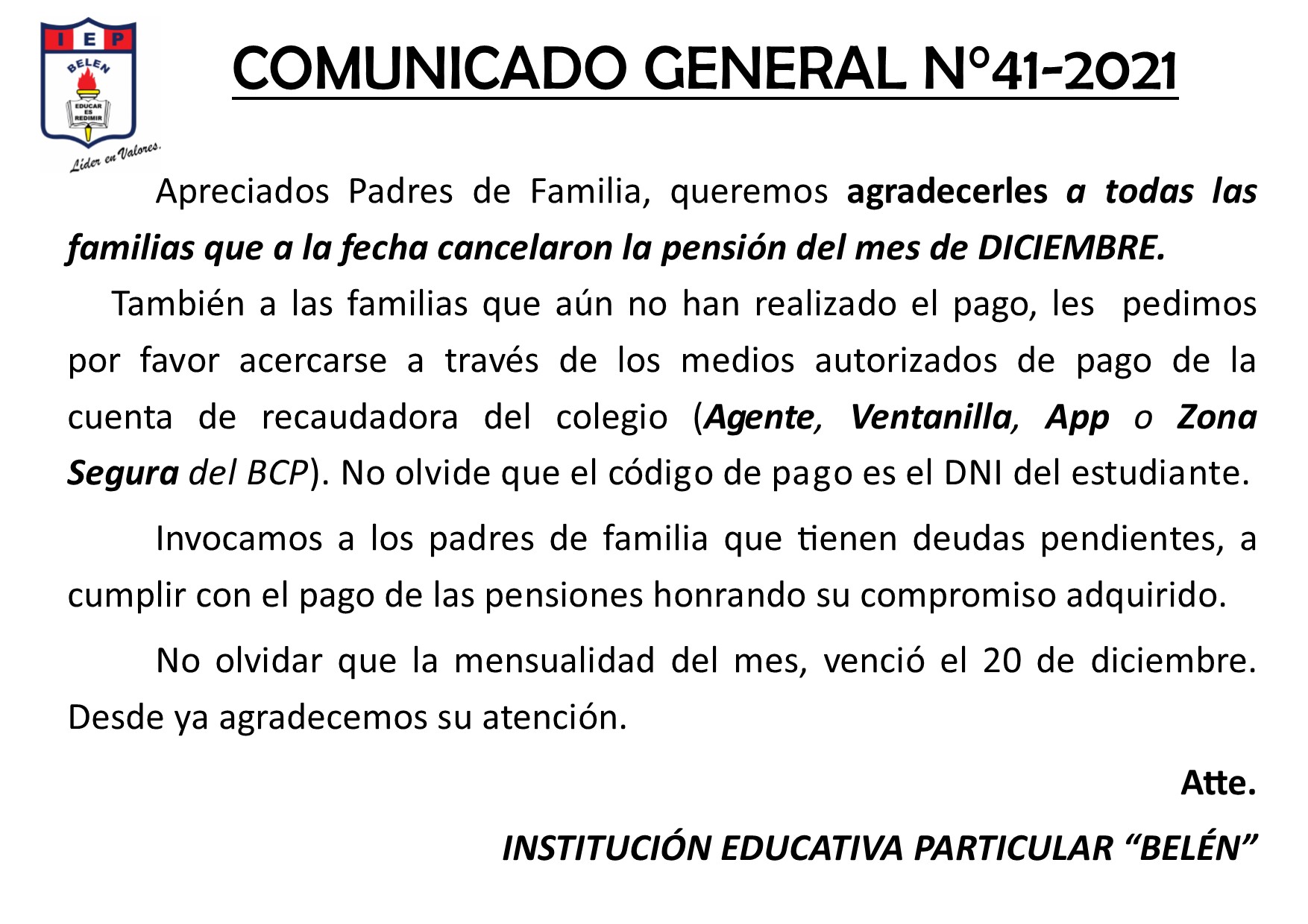Comunicado General N° 41-2021