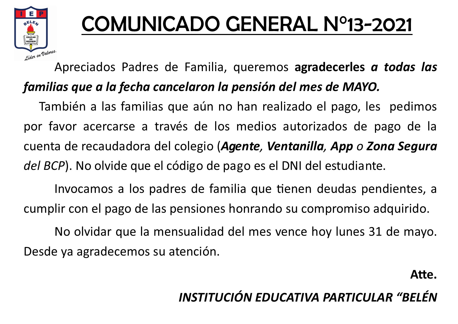 Comunicado General N° 13-2021